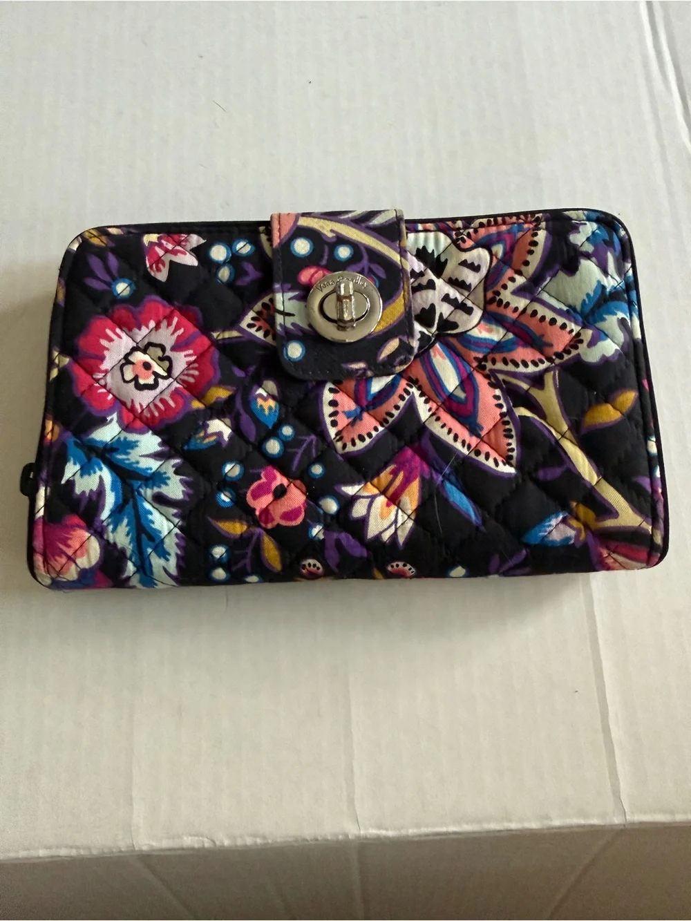 Vera Bradley Black Quilted Floral Snap Wallet with Multicolor Blooms